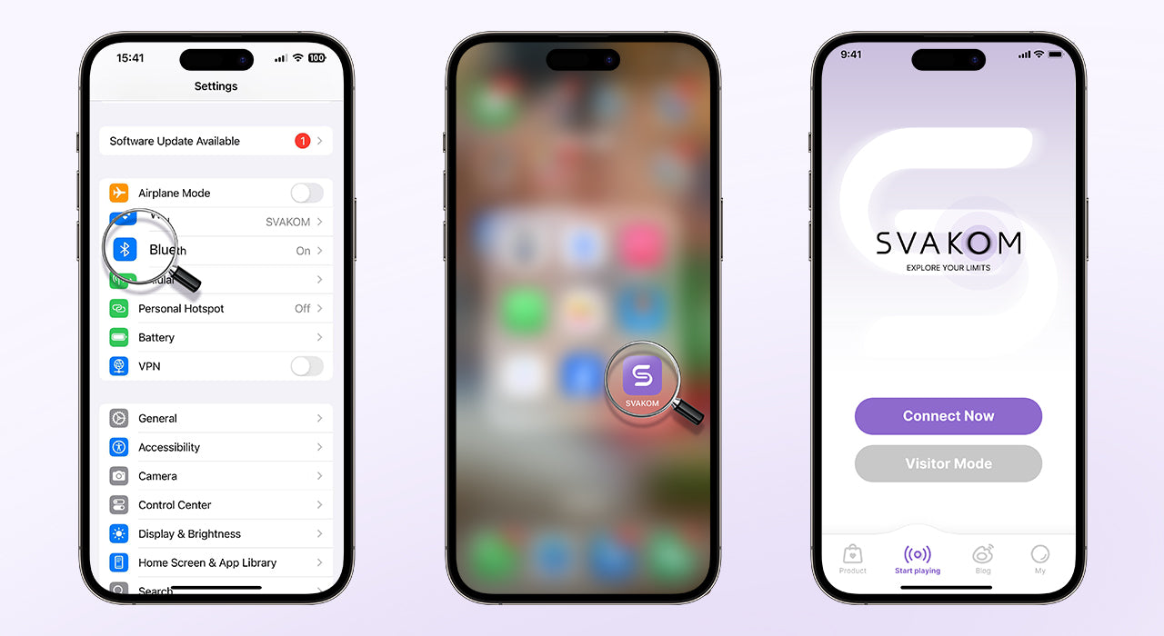 Conexión de juguete erótico SVAKOM a App vía Bluetooth con botón Conectar ahora