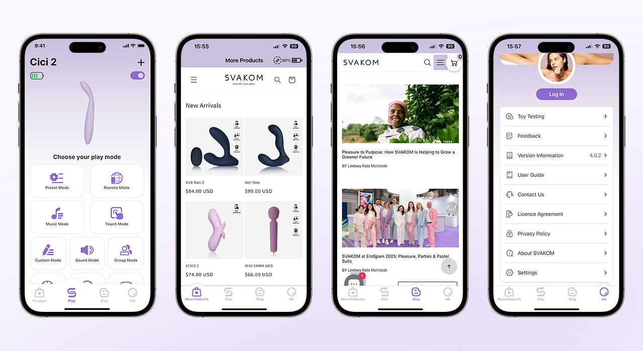 Pantalla de inicio App SVAKOM con opciones Play, Productos, Blog y Yo para juguetes eróticos